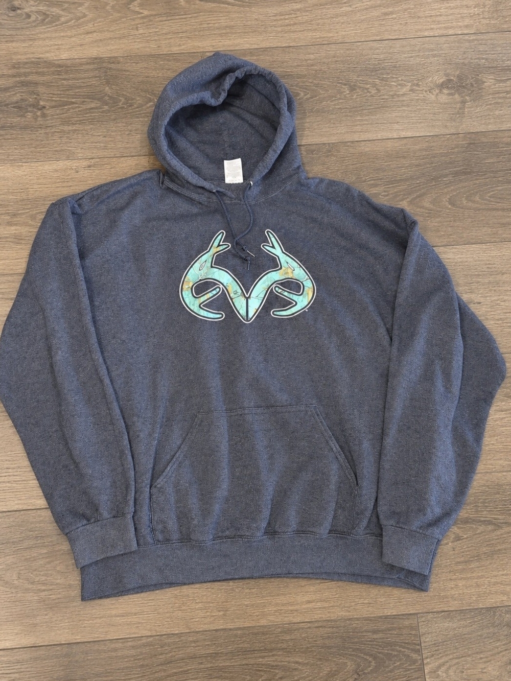 Grey Hoodie with Teal Camo Antler Logo -2XL